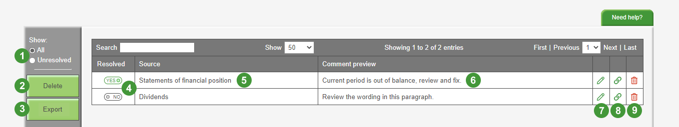 Image shows the Comments screen in the software . The on-screen options have been labelled with numbers which correspond to the numbers in the table below.